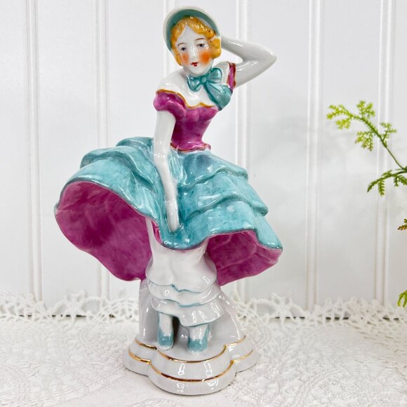 Vintage Japanese Lady Figurine With Hat & Ruffled Dress 7.5" Height - Picture 1 of 11